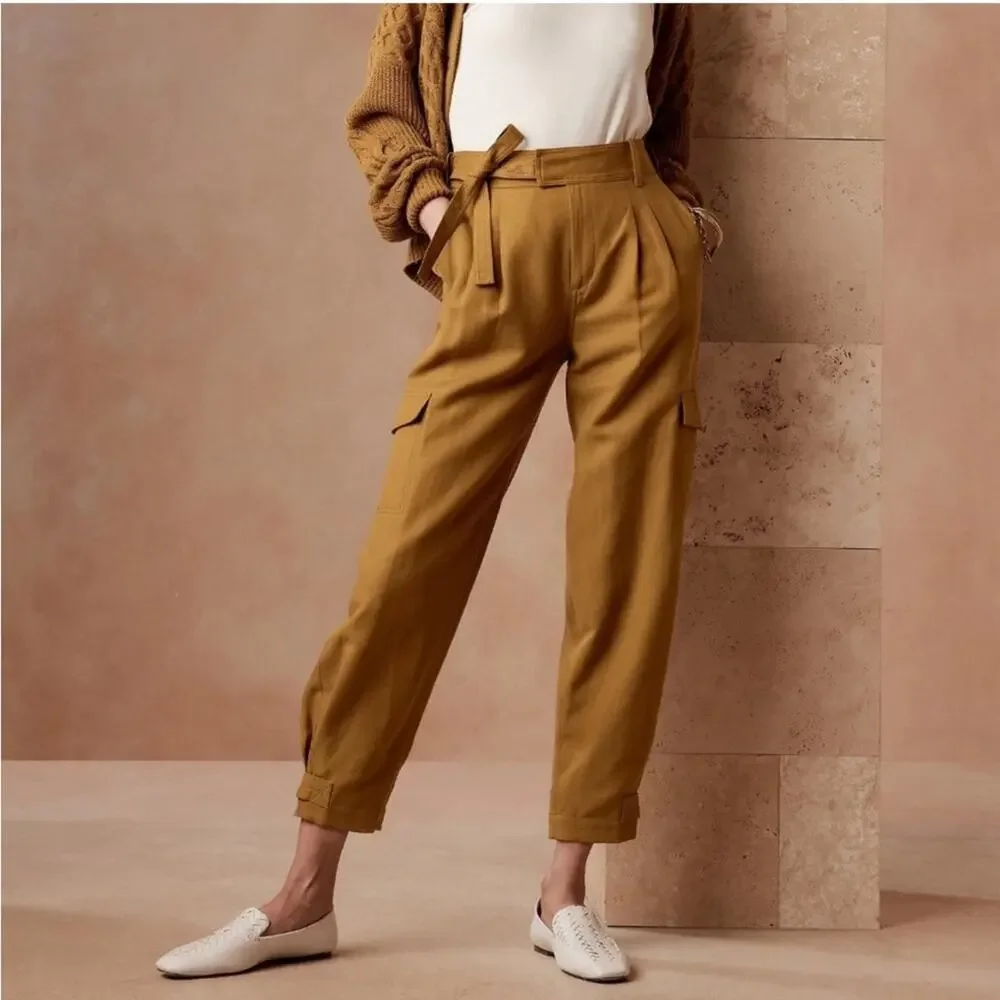 Banana Republic Tencel-Linen Cargo Pant tie waist bronze burnt yellow